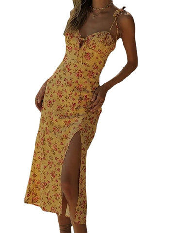 Fashion Sleeveless Floral Backless Vacation Spaghetti Strap Sheath Dress For Womens