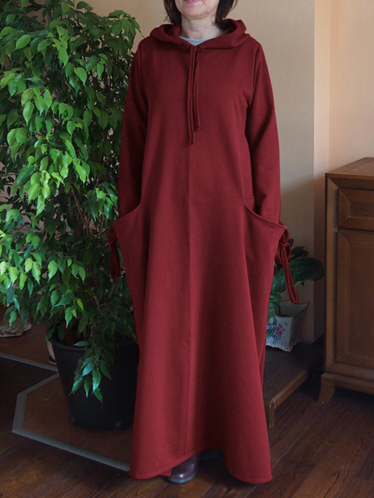 Women Solid Color Side Double Pocket Loose Hooded Maxi Dresses