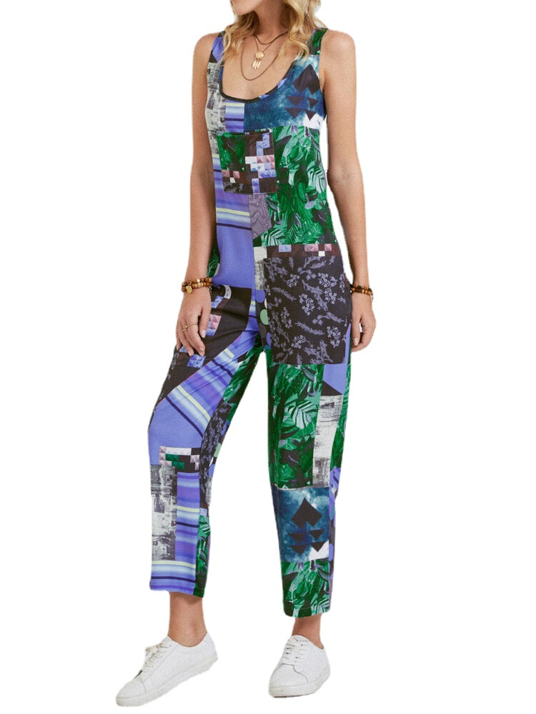 Flower Plants Geometric Print Strap Sleeveless Jumpsuit With Pocket