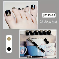 24pcs Glossy Black Glitter Press-On Toe Nails - Reusable Fake Nails for Women