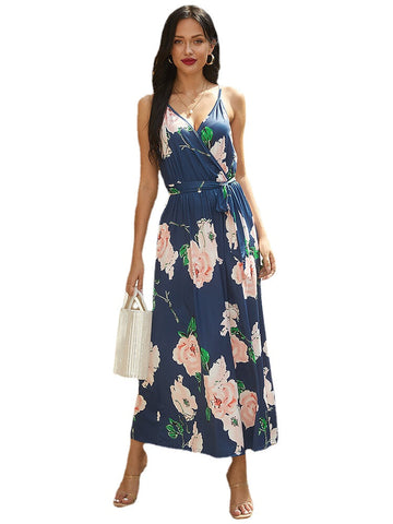 Bohemian Floral Print High Waist V-neck Pleated Maxi Dress