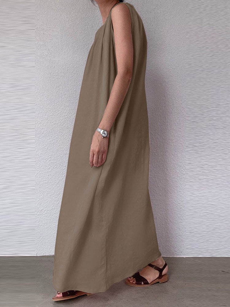 Solid Pocket Cotton Ruched Round Neck Sleeveless Maxi Dress