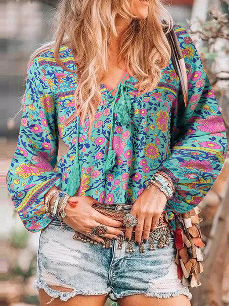 Ethnic Style Print Bohemian Lace-Up V-Neck Tassel Long Sleeve Blouse For Women