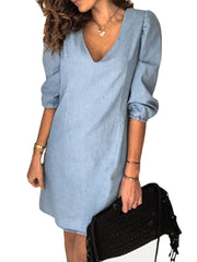 Women V-Neck 3/4 Sleeve Casual Demin Mini Shirt Dresses