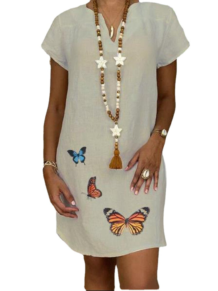 Butterfly Print V Neck Short Sleeve Women Causal Loose Mini Dress