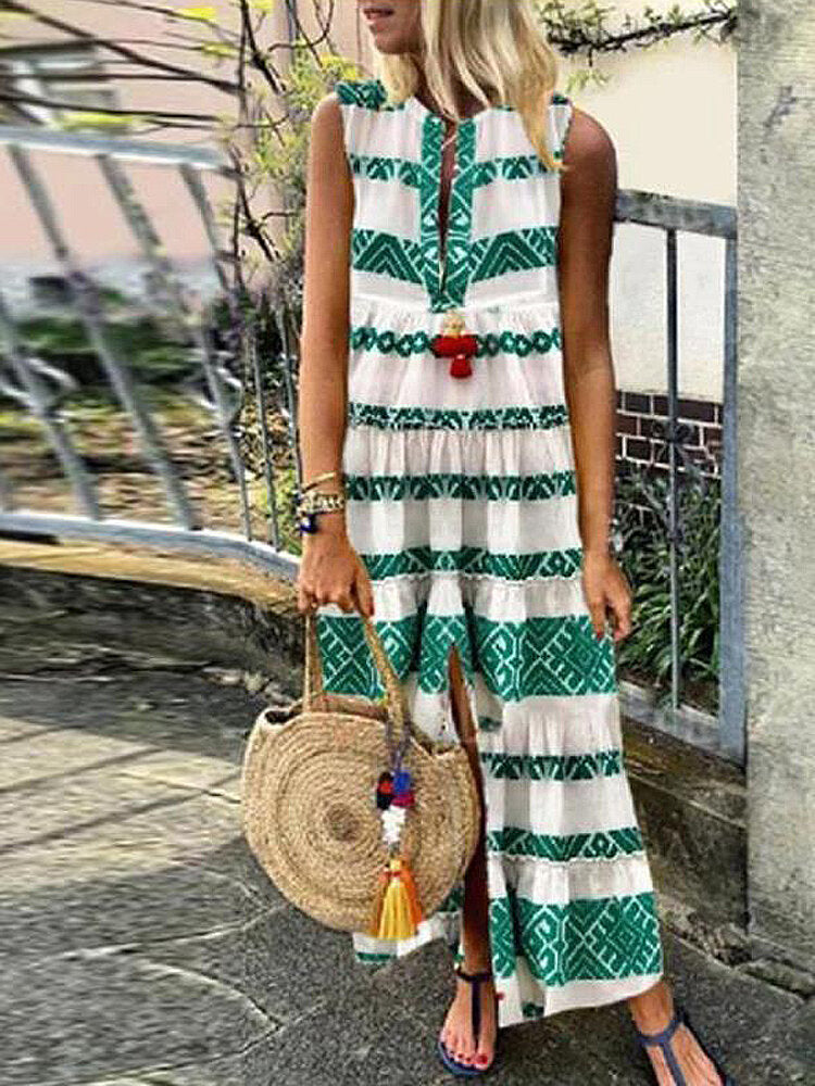 Women Ethnic Print Stripe Sleeveless Vintage Bohemian Maxi Dresses