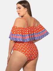 Plus Size Sling Ruffled Trim Printed Swimwear Off Shoulder One-Pieces