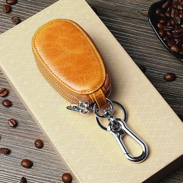 Men Genuine Leather Minimalist Wallet Double Zipper Car Key Case holder