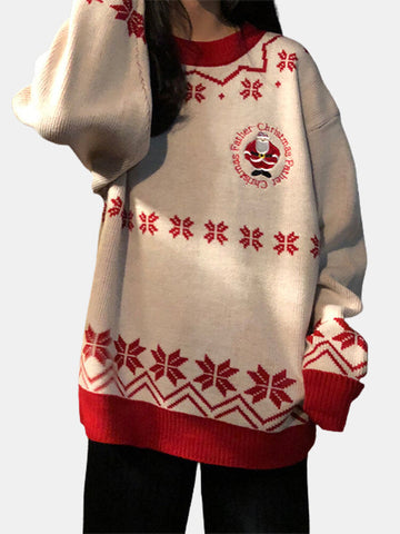 Women Christmas Father Snowflake Pattern Knitted Loose Drop Sleeve Sweaters