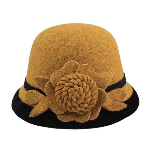 Women Warm Woolen Bowler Hat Flower Ethnic Bucket Hat
