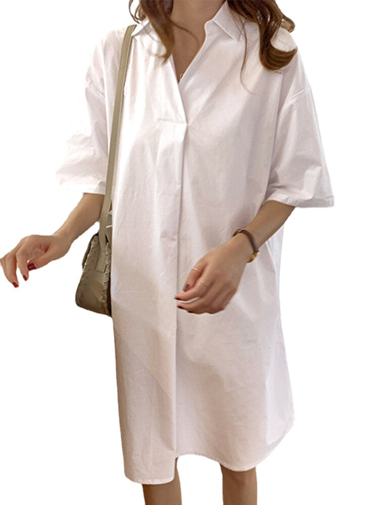 Solid Lapel Half Sleeve Casual Dress