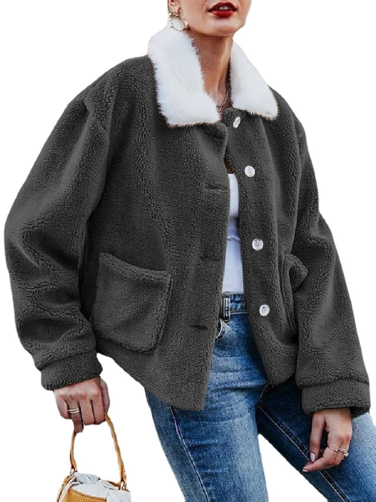 Women Solid Color Plush Borg Collar Warm Coat With Pocket