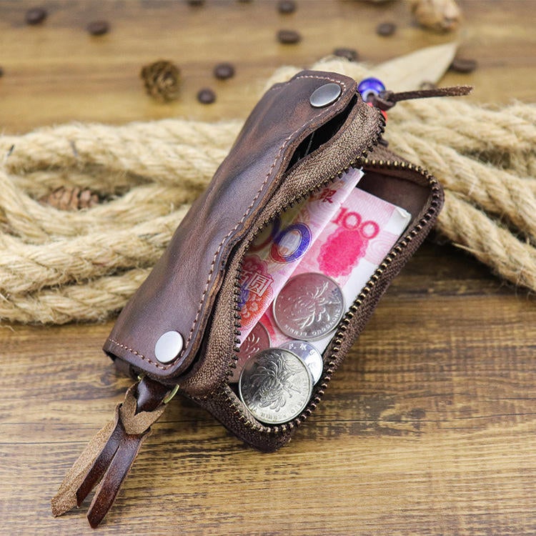 Men Genuine Leather Buckle Side Pull Pocket Key Bag Wallet