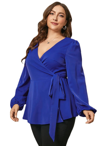 Plus Size Crossed Front Design Long Sleeves Blouse