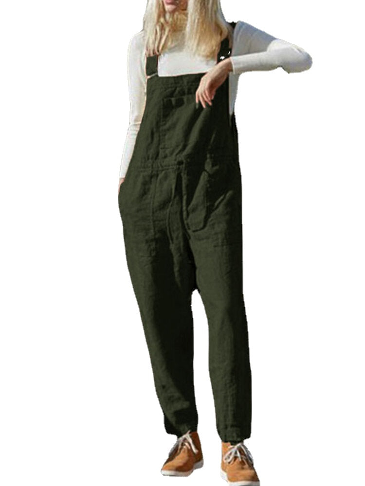 Women 100% Cotton Solid Color Ankle Length Side Pockets Jumpsuit