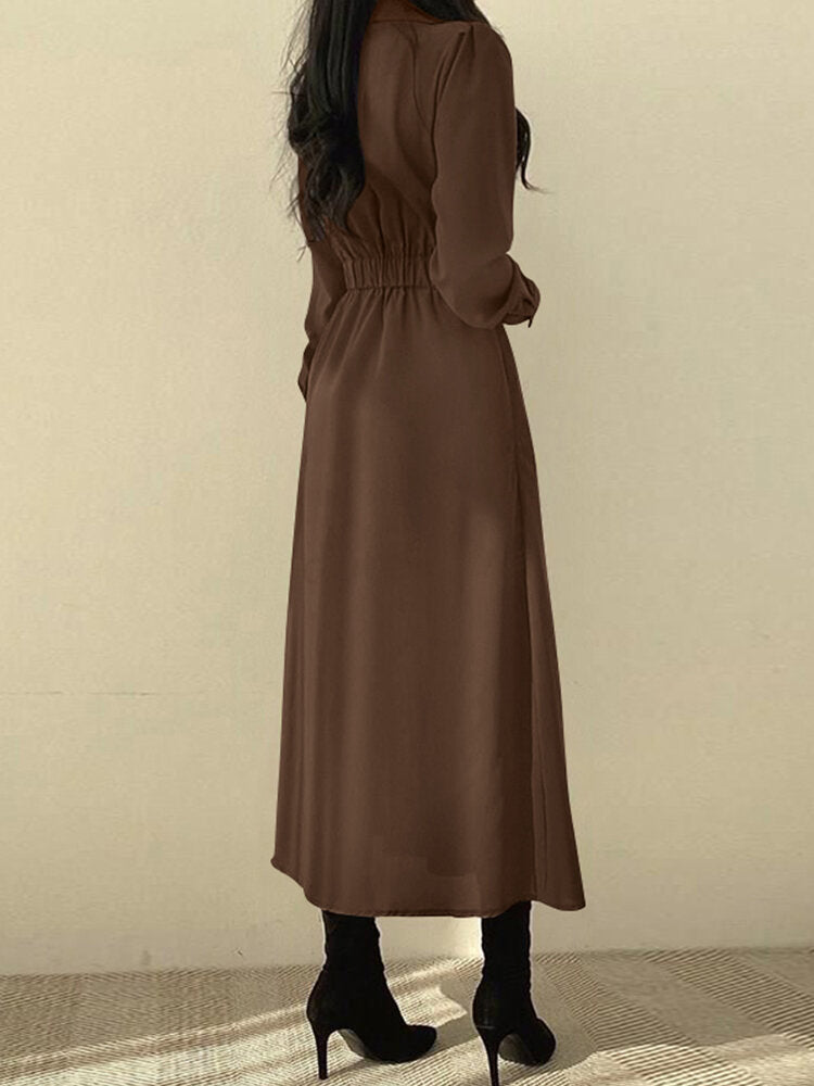 Solid Elastic Waist Button Long Sleeve Lapel Maxi Shirt Dress