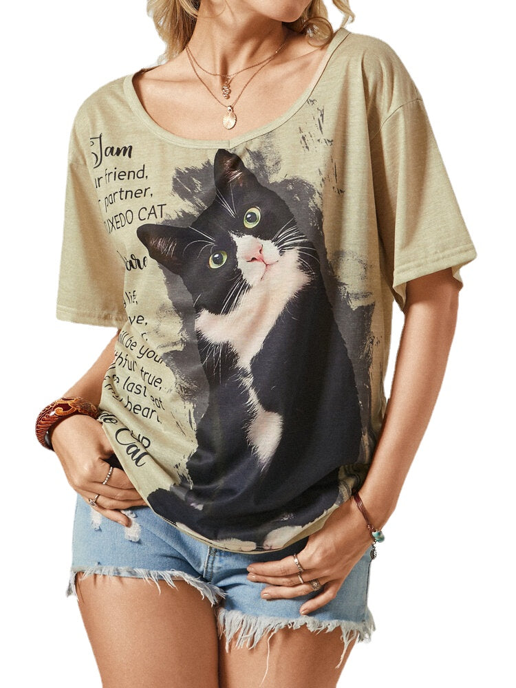Cat Letter Print Short Sleeve Plus Size Casual T-shirt