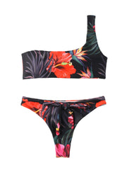 Women Floral Print One Shoulder Tie Front Thong Bikini Backless Swimsuits