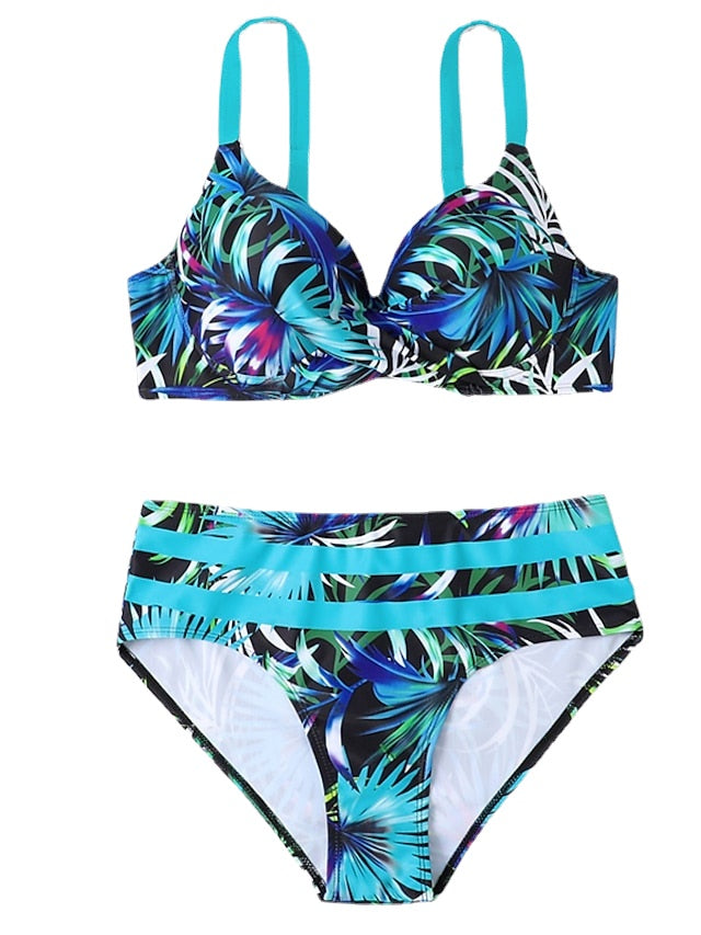 Women's Swimwear Bikini 2 Piece Normal Swimsuit Backless Push Up Printing High Waisted Leaf Blue V Wire Bathing Suits New Vacation Sexy / Modern