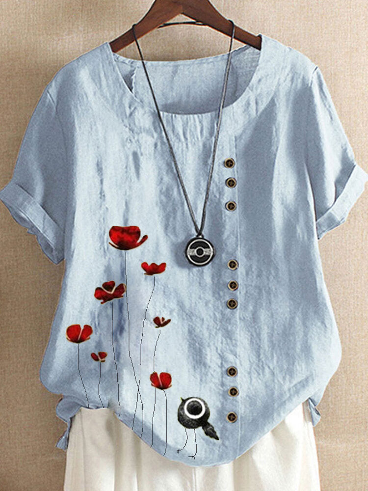 Women Vintage Red Flower Print Button Casual Loose T-shirts