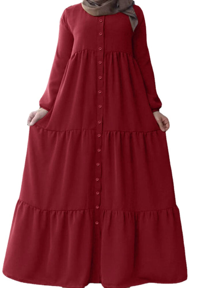 Women Vintage Solid Color Button Down Front Patchwork Tiered Maxi Dress