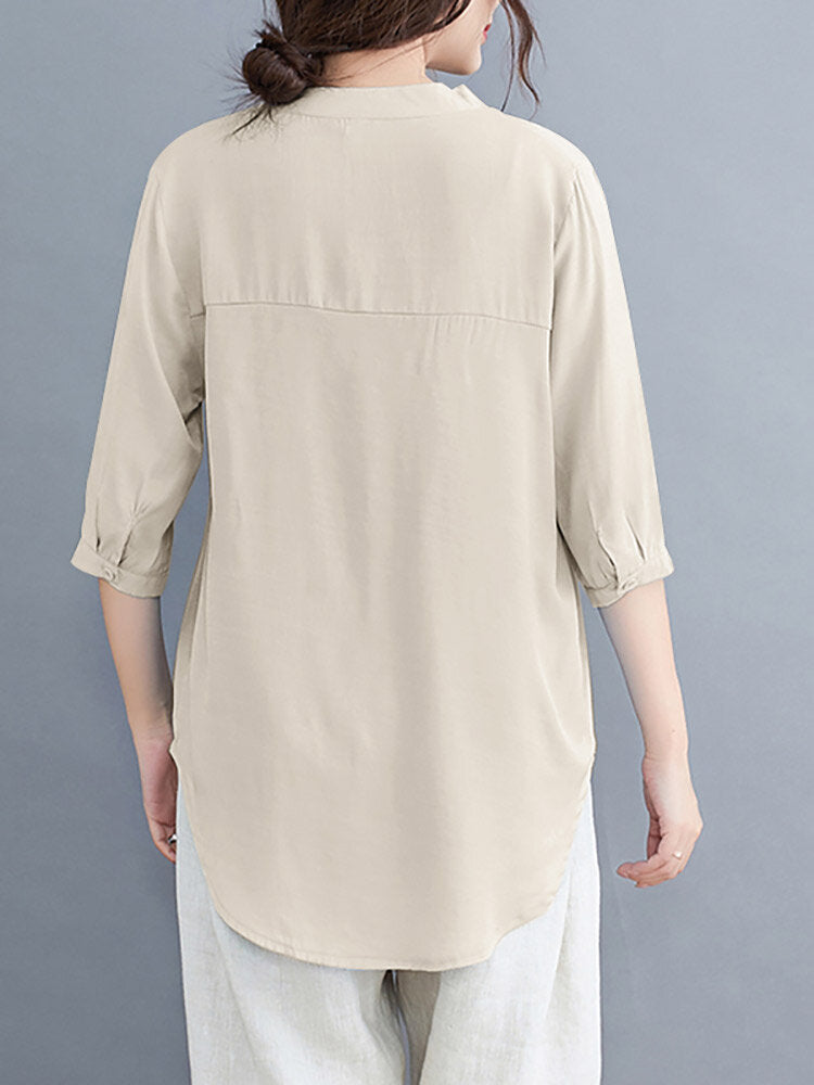 Solid Button Pocket V Neck Casual Blouse