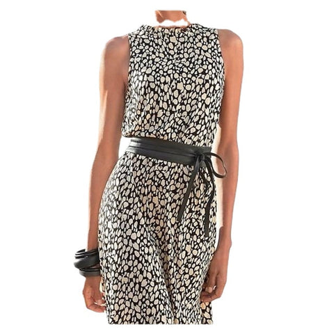 Women‘s Sleeveless Color Block Leopard Crew Neck Stylish Elegant Dress