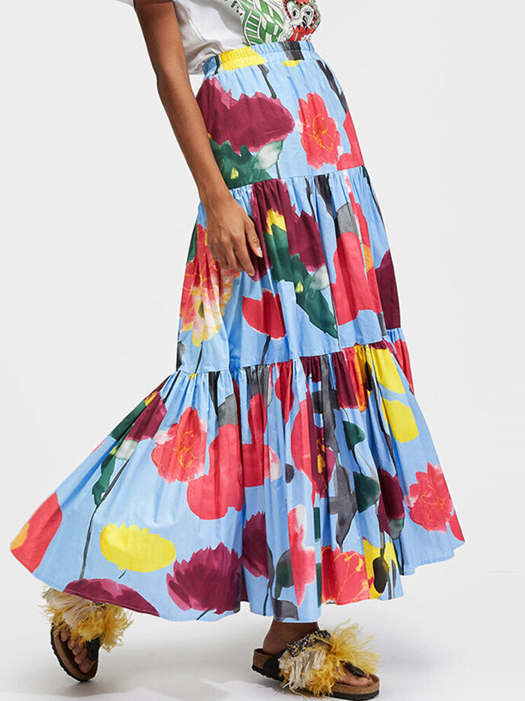 Women Colorful Floral Print Loose Elastic Waist A-Line Long Tiered Layered Skirt