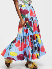 Women Colorful Floral Print Loose Elastic Waist A-Line Long Tiered Layered Skirt