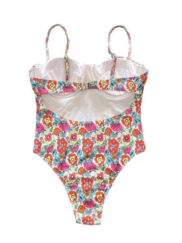 Women's Swimwear One Piece Monokini Bathing Suits Normal Swimsuit Tummy Control Open Back Printing High Waisted Floral Plaid Green Black Blue Rosy Pink Orange Strap Bathing Suits Sexy Vacation Fashion