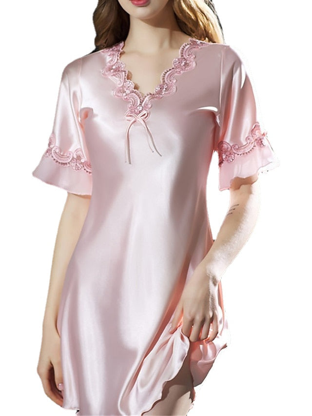 Women's Satin Dress A Line Dress Mini Dress Elegant Sexy Lace Bow Solid Colored V Neck Home Lounge Champagne Pink