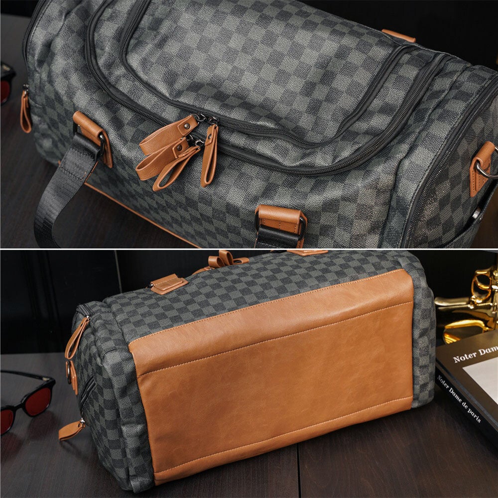 Men PU Leather Plaid Pattern Multifunction Handbag Fashion Multi-pocket Travel Bag Fitness Crossbody Shoulder