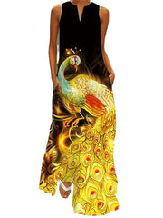 Women's Peacock Feather Animal Casual Dress Long Dress Maxi Dress Shift Dress Summer Dress Casual Outdoor Daily Weekend Pocket Print Sleeveless V Neck Dress Regular Fit White Yellow Red Spring Summer