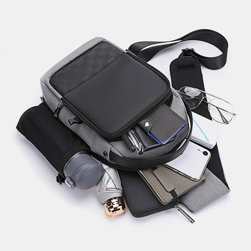 Men's Waterproof Oxford Crossbody Bag with USB Charging, Large Capacity, Concealed Side Water Cup Holder