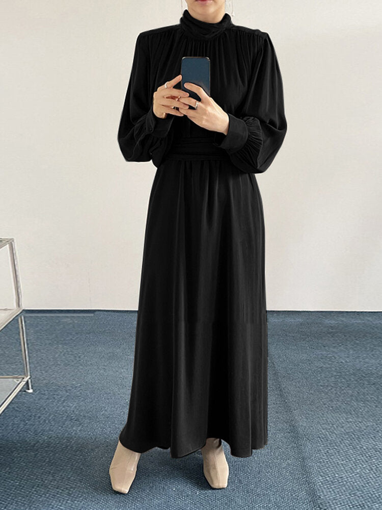 Solid Long Sleeve High Neck Pleated Casual Maxi Dress