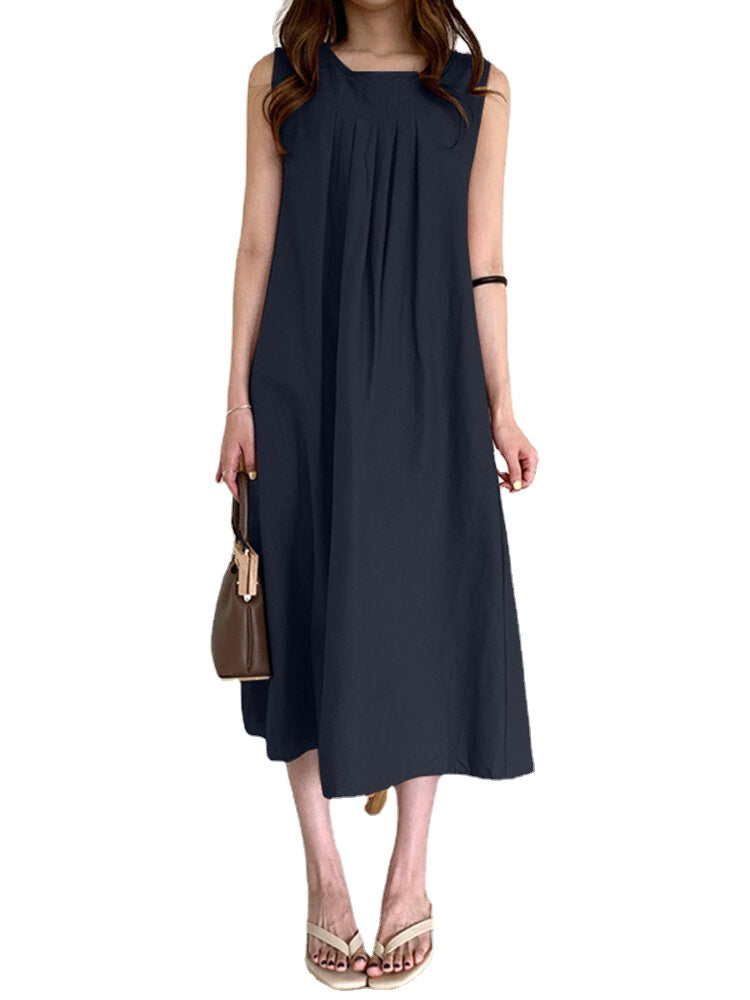 Women Solid O-Neck Sleeveless Bohemian Leisure Dress With Side Pockets