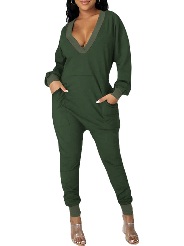 Women V-Neck Long Sleeve Daily Solid Color Harem Jumpsuit With Pocket