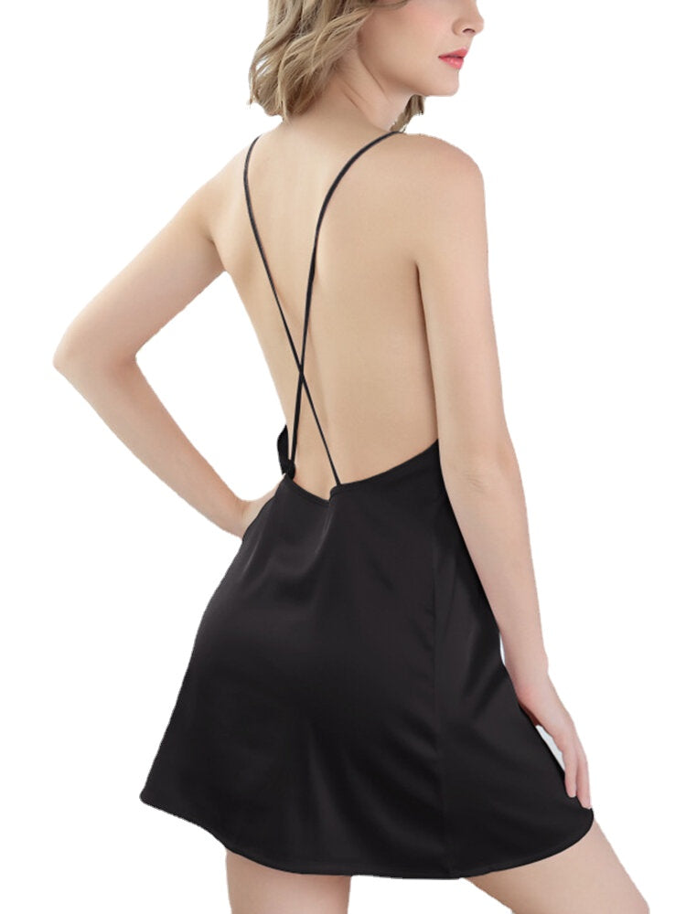 Women Side Split Backless Faux Silk Slips Nightgown