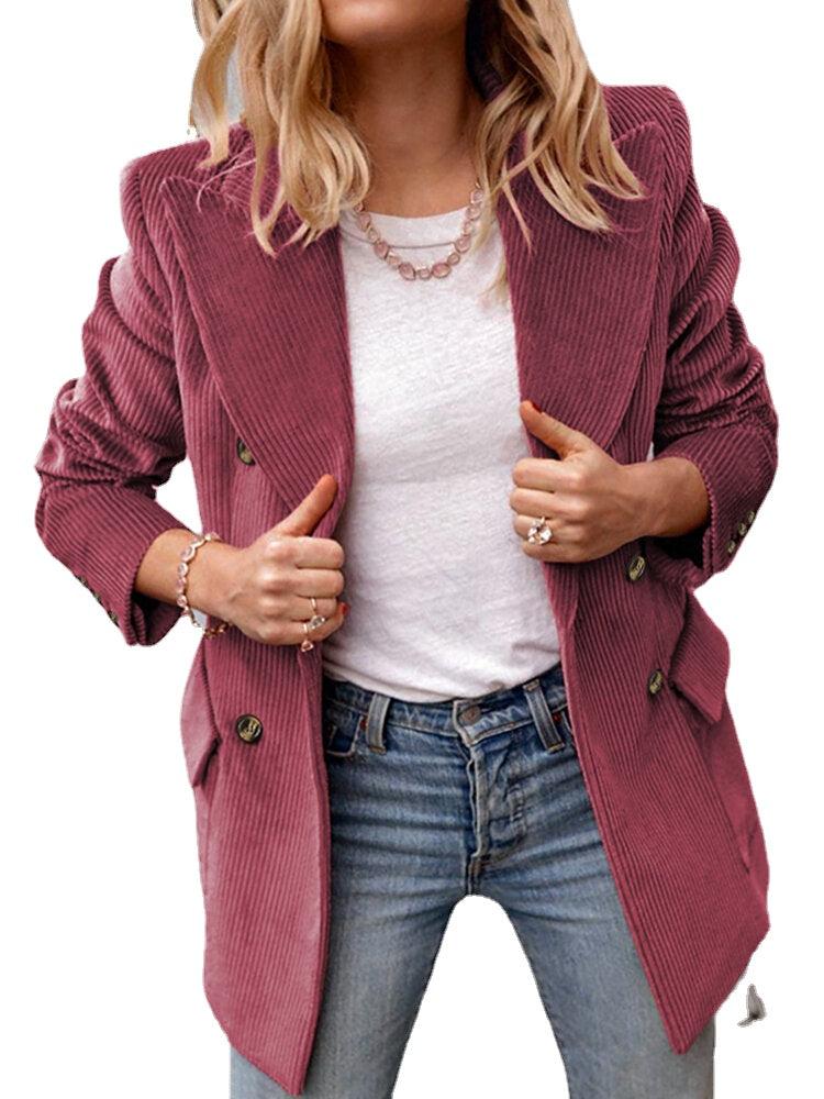 Women Corduroy Double Breasted Lapel Casual Long Sleeve Blazers With Pocket