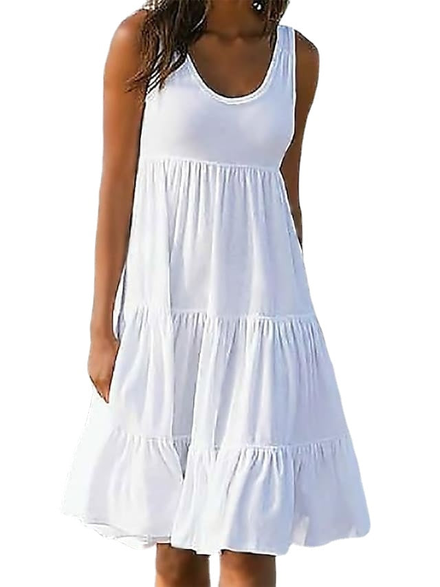 Women's Sleeveless Solid Color Ruched Round Neck Casual Beach Vacation Dress