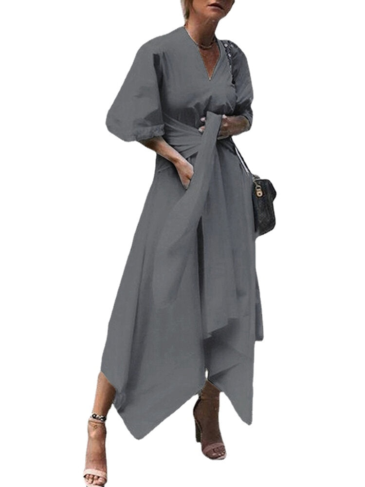 Women 3/4 Sleeve Asymmetrical Midi Shirt Casual Belted Long Dress