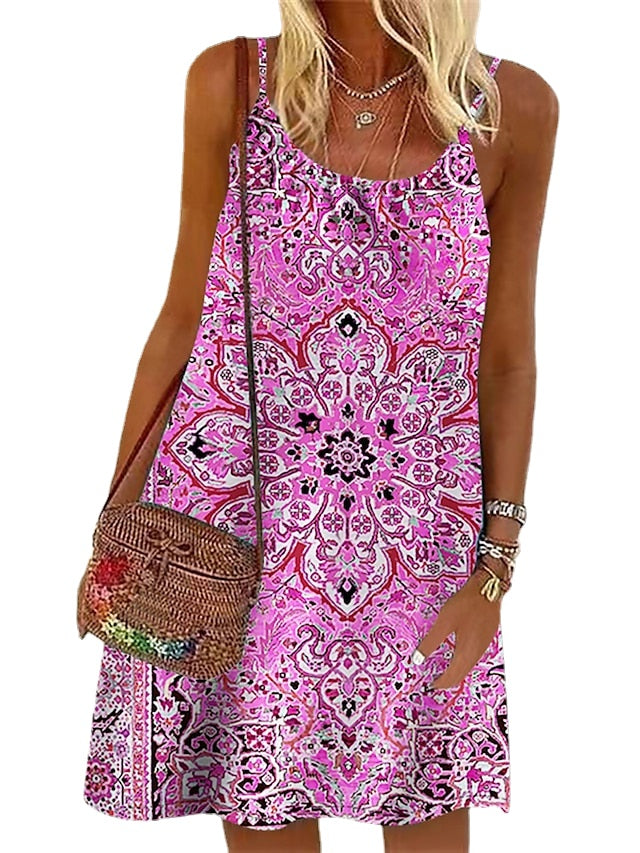 Women's Casual Dress Summer Dress Slip Dress Tribal Drawstring Print Strap Mini Dress Fashion Holiday Vacation Sleeveless Loose Fit