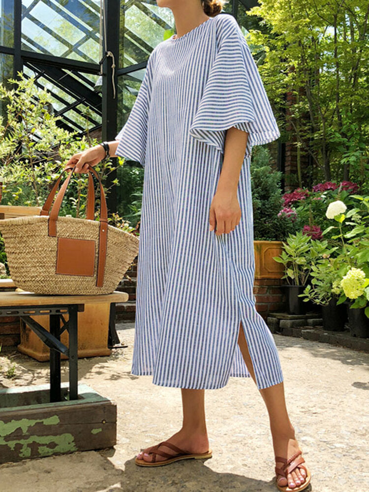 Side Fork Puff Sleeve Striped Loose Dress For Women