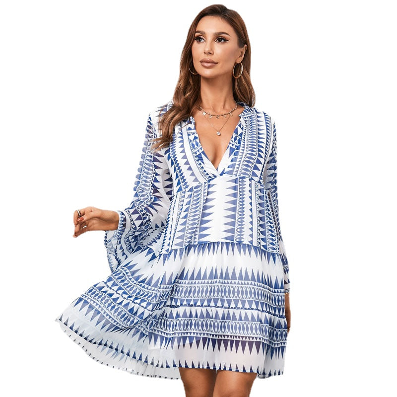 Long Sleeve Thin Fashion Pullover Deep V-Knee Dress