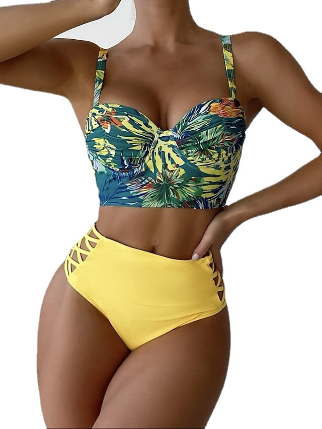 Women's Swimwear Bikini Normal Swimsuit 2 Piece Printing Floral Yellow Red Blue Bathing Suits Sports Beach Wear Summer