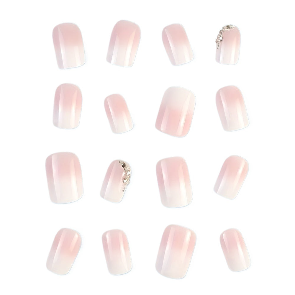 Gradient Pink & White Press On Nails - 24 Pcs Glossy Medium Square with Rhinestones, Reusable Fake Nails for Women