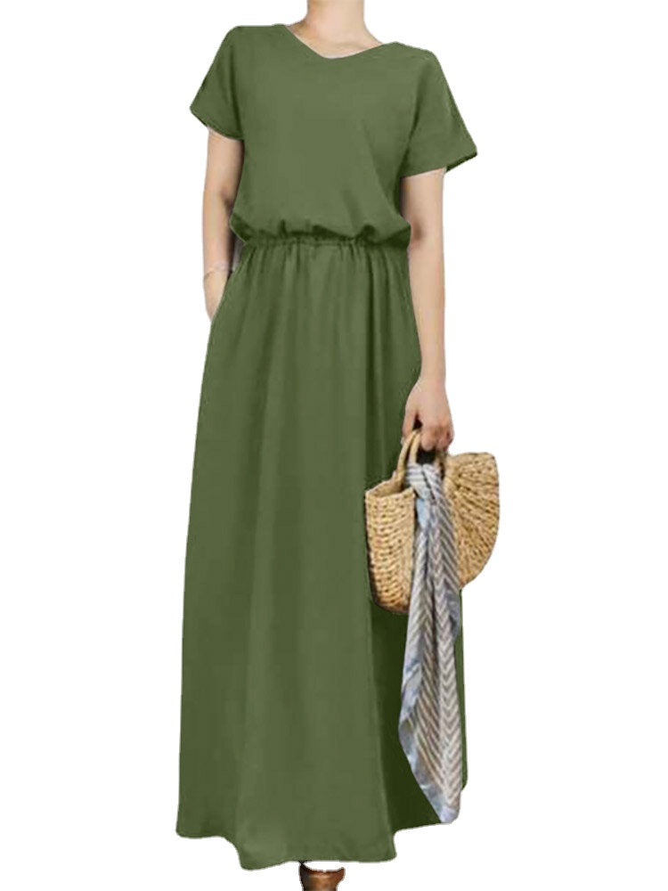 Solid Sash Elastic Waist Short Sleeve Casual Maxi Dress