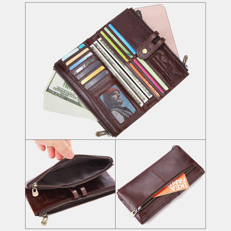 Men Genuine Leather Vintage Long Wallet Phone Bag Card Holder Photo Pocket