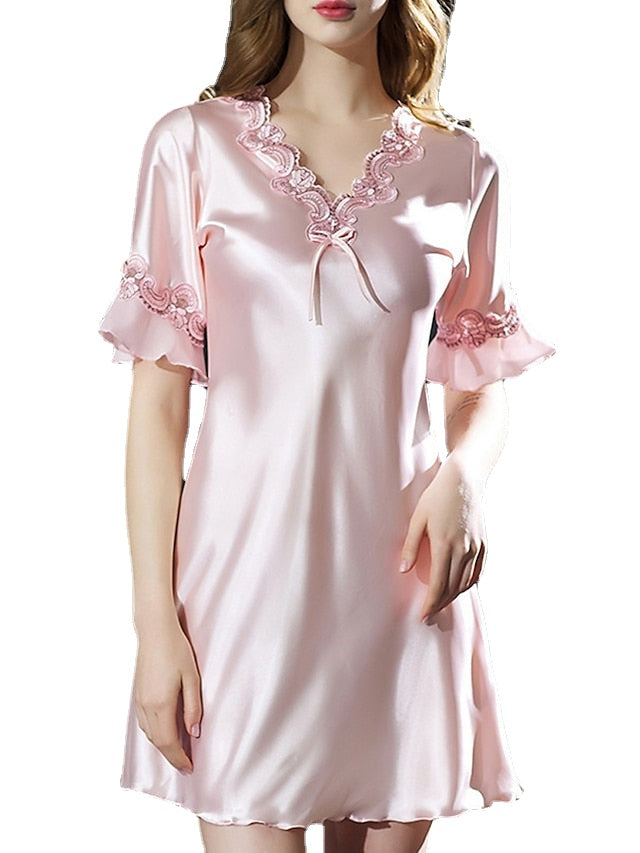 Women's Satin Dress A Line Dress Mini Dress Elegant Sexy Lace Bow Solid Colored V Neck Home Lounge Champagne Pink