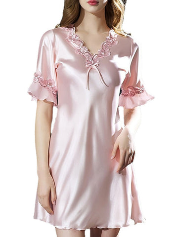 Women's Satin Dress A Line Dress Mini Dress Elegant Sexy Lace Bow Solid Colored V Neck Home Lounge Champagne Pink
